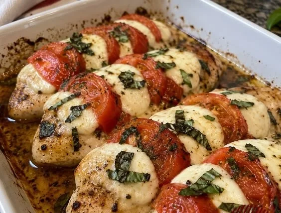 Baked Chicken Caprese topped with mozzarella, tomatoes, and basil on a plate.