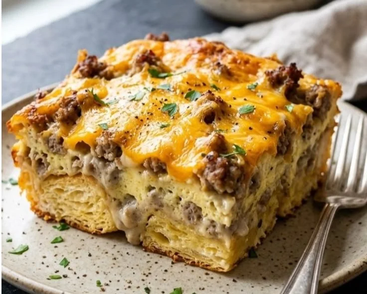 A plate of delicious biscuits and gravy topped with sausage and herbs.