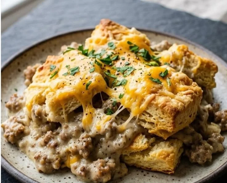Delicious Biscuits and Gravy Casserole topped with sausage gravy