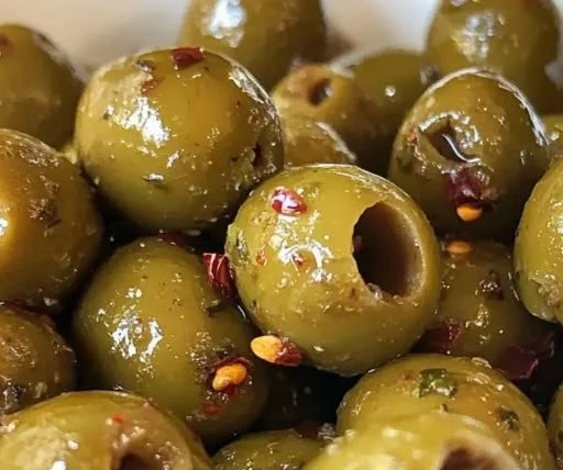 A plate of blistered green olives garnished with herbs and spices.
