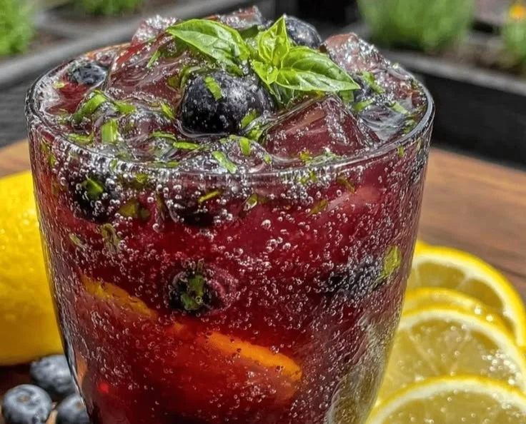 Glass of blueberry lemonade with basil garnish in a sunny setting