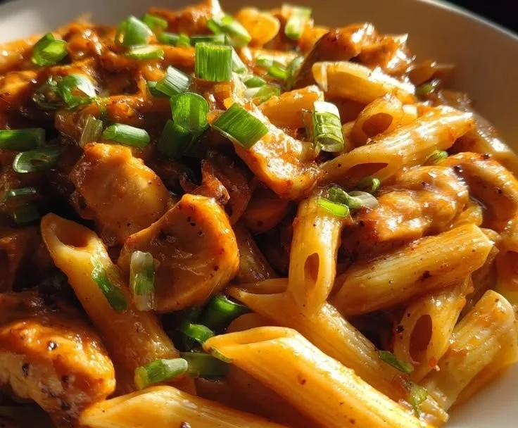 Plate of Buffalo Honey Garlic Chicken Pasta garnished with herbs