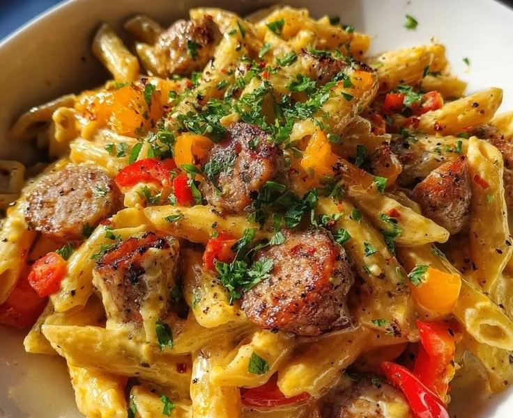 Delicious Cajun Ranch Sausage Pasta served in a bowl with fresh herbs.