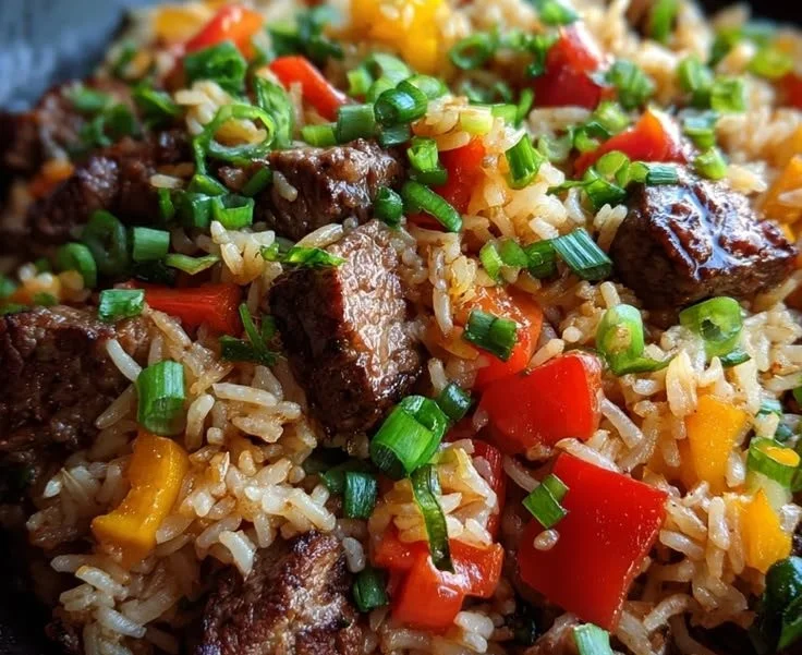 Delicious Cajun Steak Rice with flavorful spices and tender steak on a bed of rice