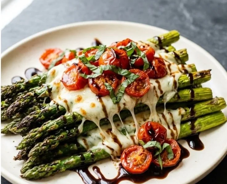 Delicious plate of Caprese roasted asparagus with tomatoes and mozzarella.