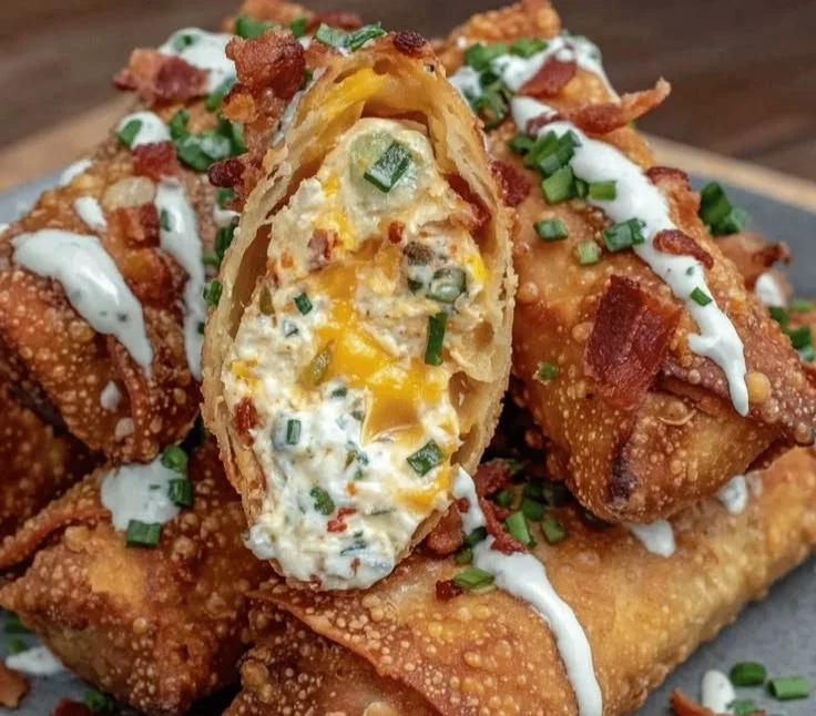 Plate of cheesy jalapeno popper egg rolls with dipping sauce
