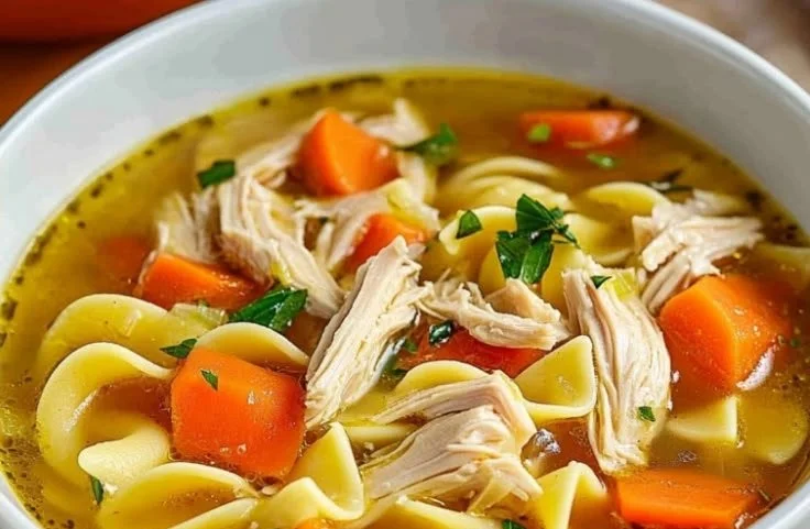 Chick-fil-A Chicken Noodle Soup in a warm bowl, garnished with herbs.
