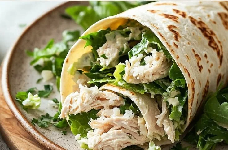 Delicious Chicken Caesar Wrap with grilled chicken, lettuce, and Caesar dressing