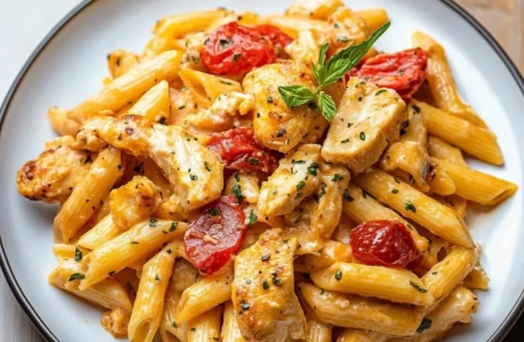 Delicious Chicken Mozzarella Pasta served in a bowl with fresh ingredients
