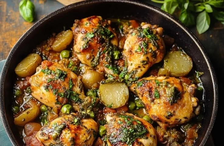 Delicious Chicken Vesuvio with herbs and seasoning served in a beautiful dish.