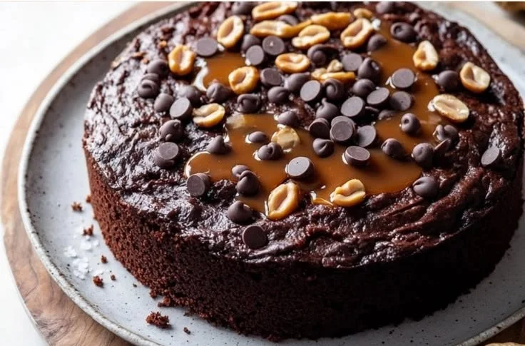 Delicious slice of Chocolate Caramel Peanut Cake topped with caramel and peanuts.