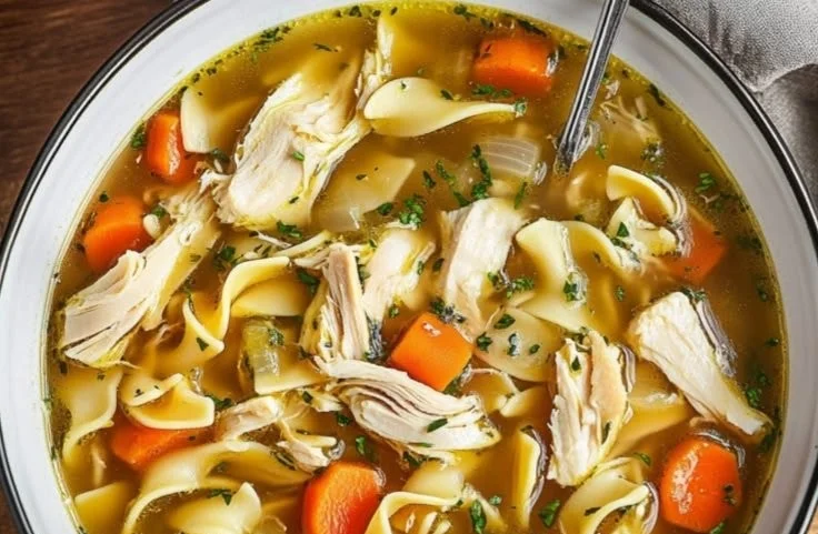 Bowl of classic chicken noodle soup with noodles, chicken, and vegetables