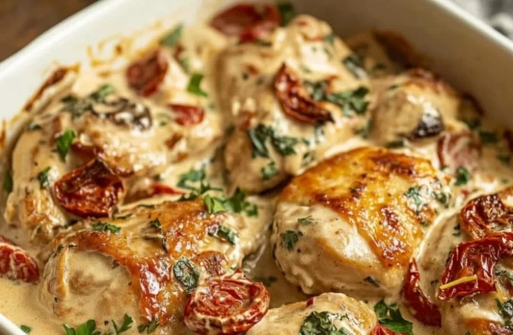 Creamy baked Tuscan chicken with sun-dried tomatoes and spinach on a plate.
