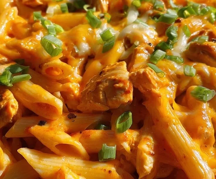 Delicious Creamy Buffalo Ranch Chicken Pasta served in a bowl with herbs.