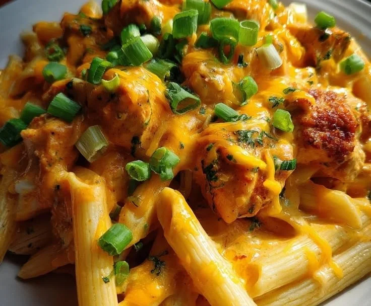 Creamy Cajun Buffalo Chicken Pasta garnished with herbs and served in a bowl
