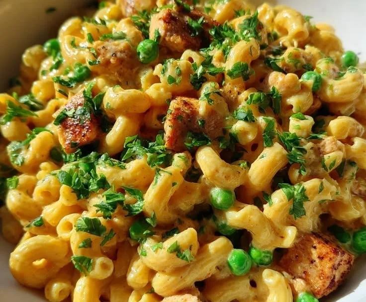 Delicious bowl of creamy Cajun Chicken Mac topped with cheddar cheese.