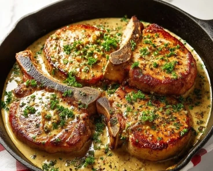 Creamy garlic pork chops served with herbs and spices