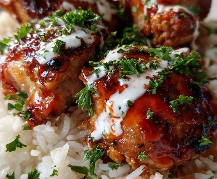 Creamy Honey BBQ Garlic Butter Chicken served over rice