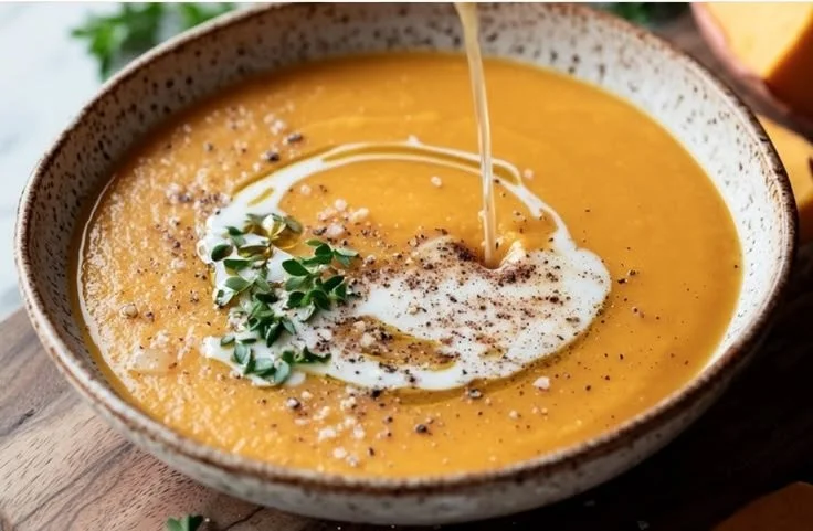 Creamy pumpkin sweet potato soup in a bowl garnished with herbs