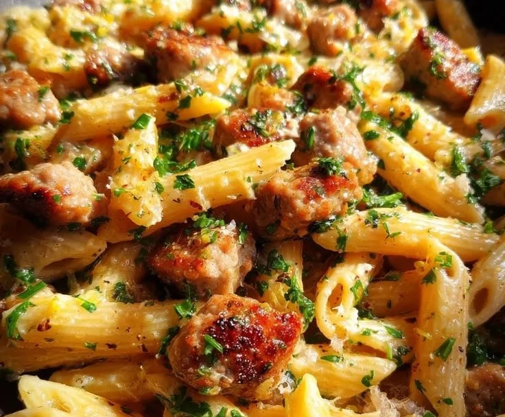 Creamy sweet chili honey garlic sausage pasta dish featuring rich flavors.