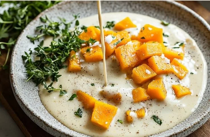 Creamy vegan butternut squash bake topped with herbs and spices in a baking dish