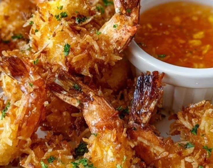 Plate of crispy coconut shrimp with dipping sauce