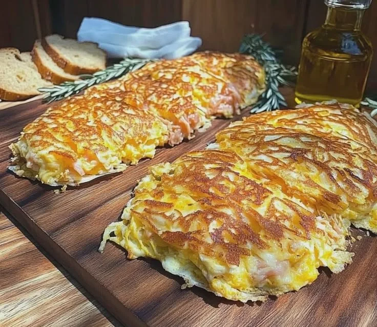 Delicious crispy hash brown omelet served with herbs and vegetables.