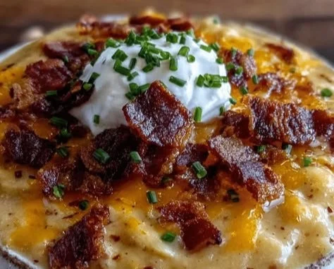 Crockpot loaded baked potato soup served in a bowl with toppings.