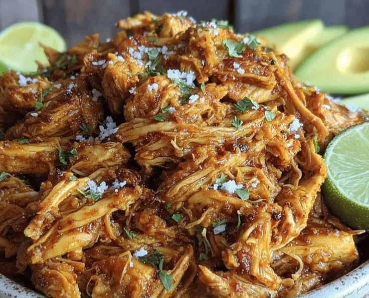 Delicious crockpot shredded chicken tacos served with fresh toppings
