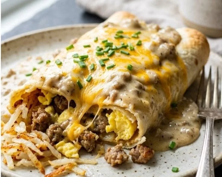 Delicious breakfast enchiladas topped with creamy sausage gravy
