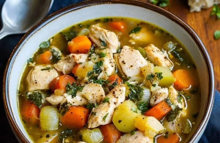 Bowl of easy chicken stew with vegetables and herbs