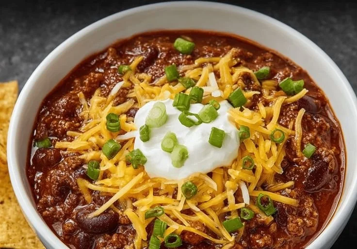 Bowl of easy classic chili topped with cheese and herbs, ideal comfort food dish.