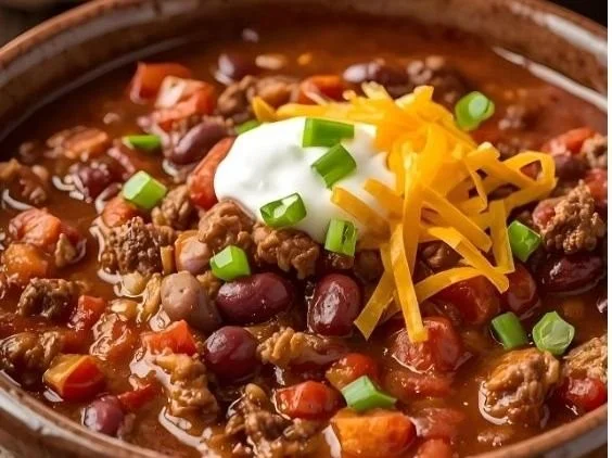 Bowl of easy Crockpot chili with beans and spices
