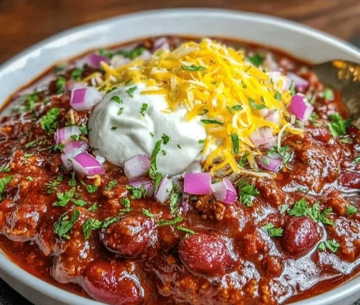 Bowl of easy crockpot chili with beef and toppings