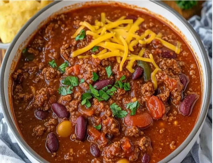 Bowl of easy hearty chili simmering on the stovetop with fresh herbs