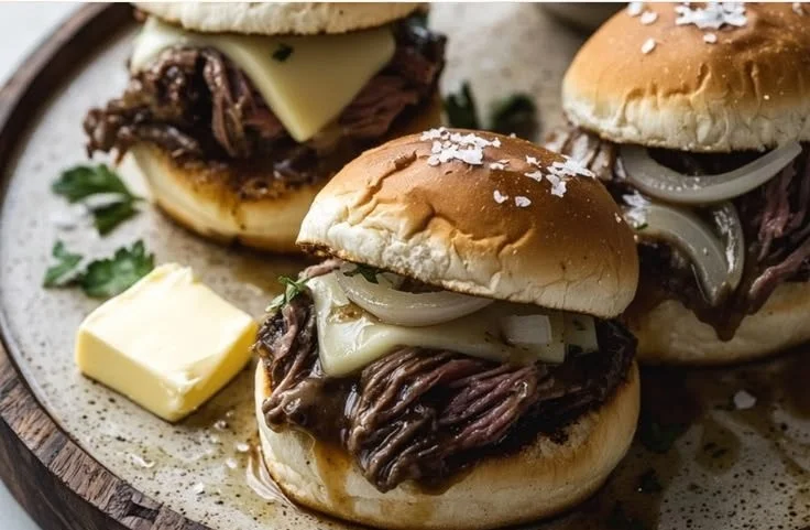 Delicious French Dip Sliders with beef on mini rolls served with au jus