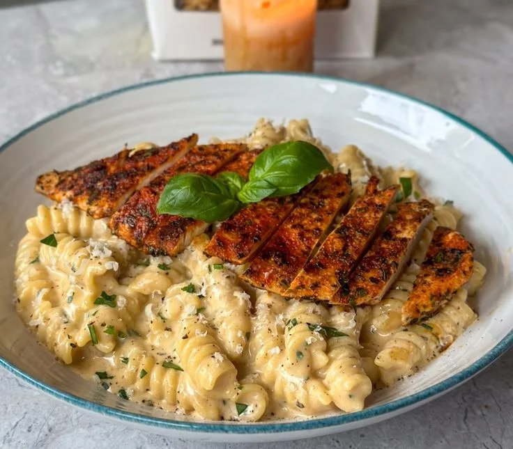 Garlic Parmesan Chicken and Pasta dish garnished with herbs