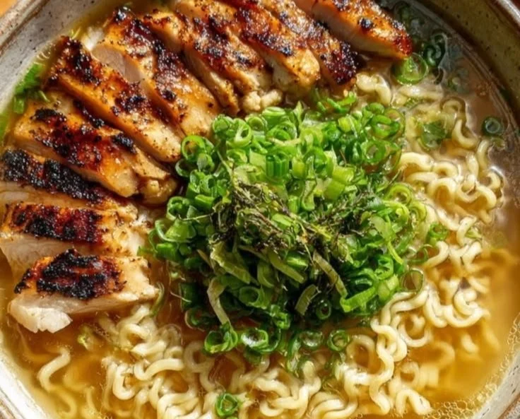 Bowl of Ginger Garlic Chicken Noodle Soup with fresh ingredients
