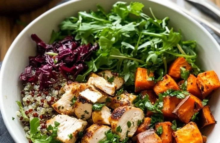Healthy chicken quinoa bowl with colorful vegetables and herbs