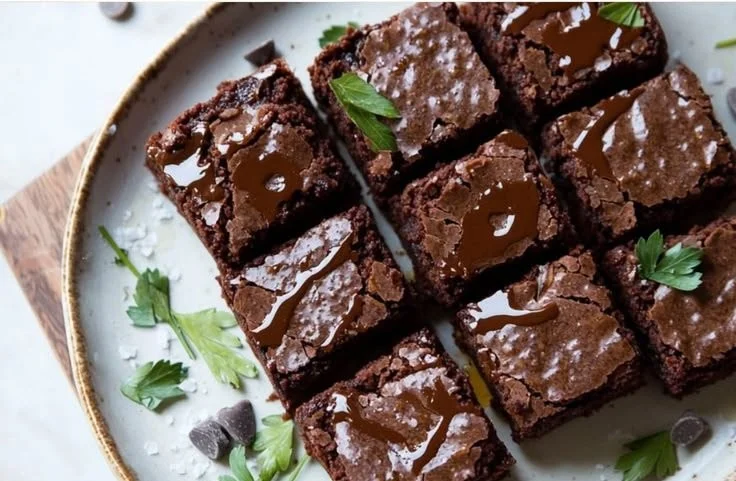 Healthy pumpkin brownies topped with chocolate drizzle on a wooden table.