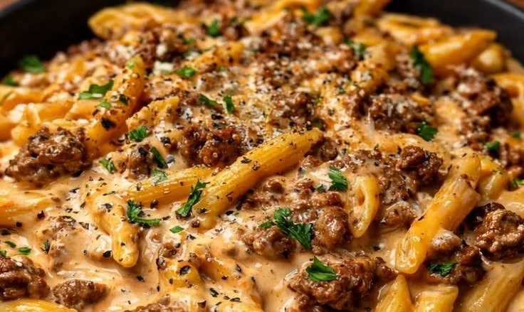 High-protein creamy beef pasta served in a one-pan meal, perfect for dinner.