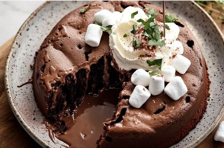 Delicious Hot Chocolate Poke Cake topped with whipped cream and chocolate sprinkles