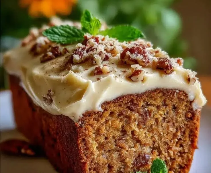 Hummingbird Bread with cinnamon cream cheese frosting on a white plate