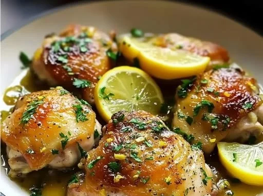 Lemon garlic chicken thighs cooked to golden perfection with fresh herbs