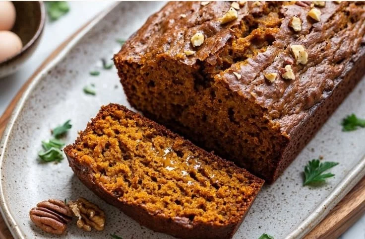Loaf of freshly baked Maple Pumpkin Bread on a rustic wooden table.