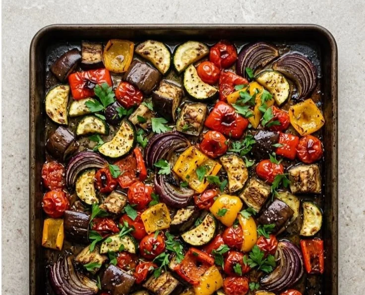 Bowl of Mediterranean roasted vegetables with peppers, zucchini, and eggplant