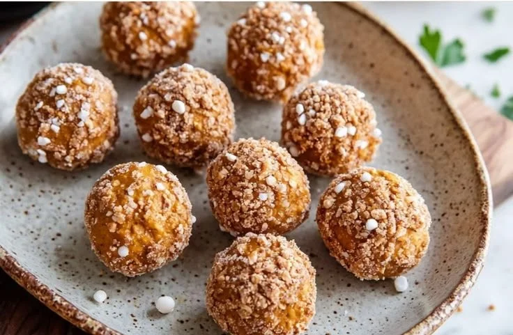 No-bake pumpkin pie truffles topped with a sprinkle of cinnamon