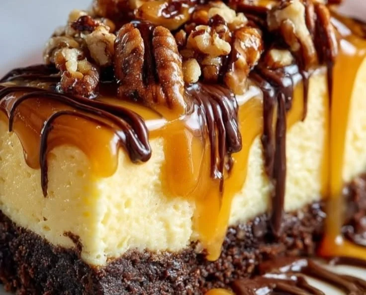 No bake turtle cheesecake topped with chocolate, caramel, and pecans