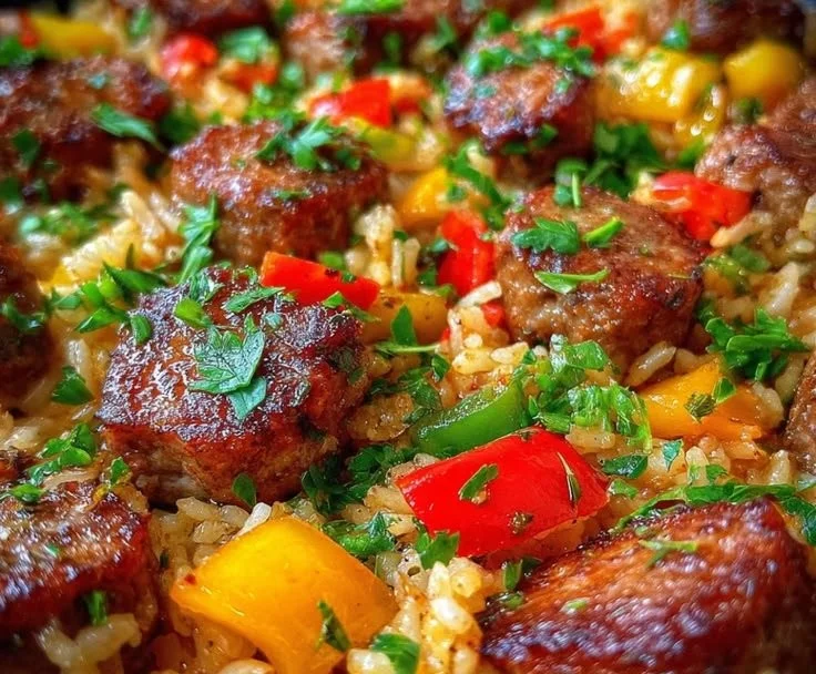 One Pan Cajun Honey Butter Sausage Rice dish served in a skillet