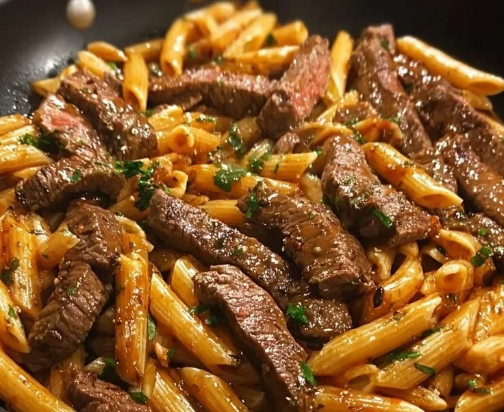 One-Pan Honey BBQ Steak Penne dish served in a bowl